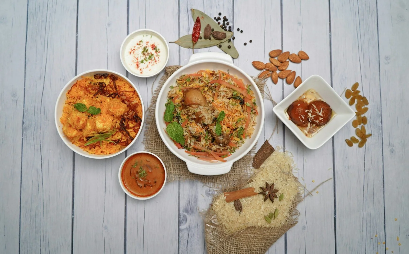 An Indian feast of biryani, curry and traditional accompaniments